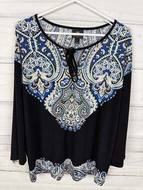 JM Collection Women's Paisley Printed Keyhole Neck 3/4 Sleeve Blouse Size M